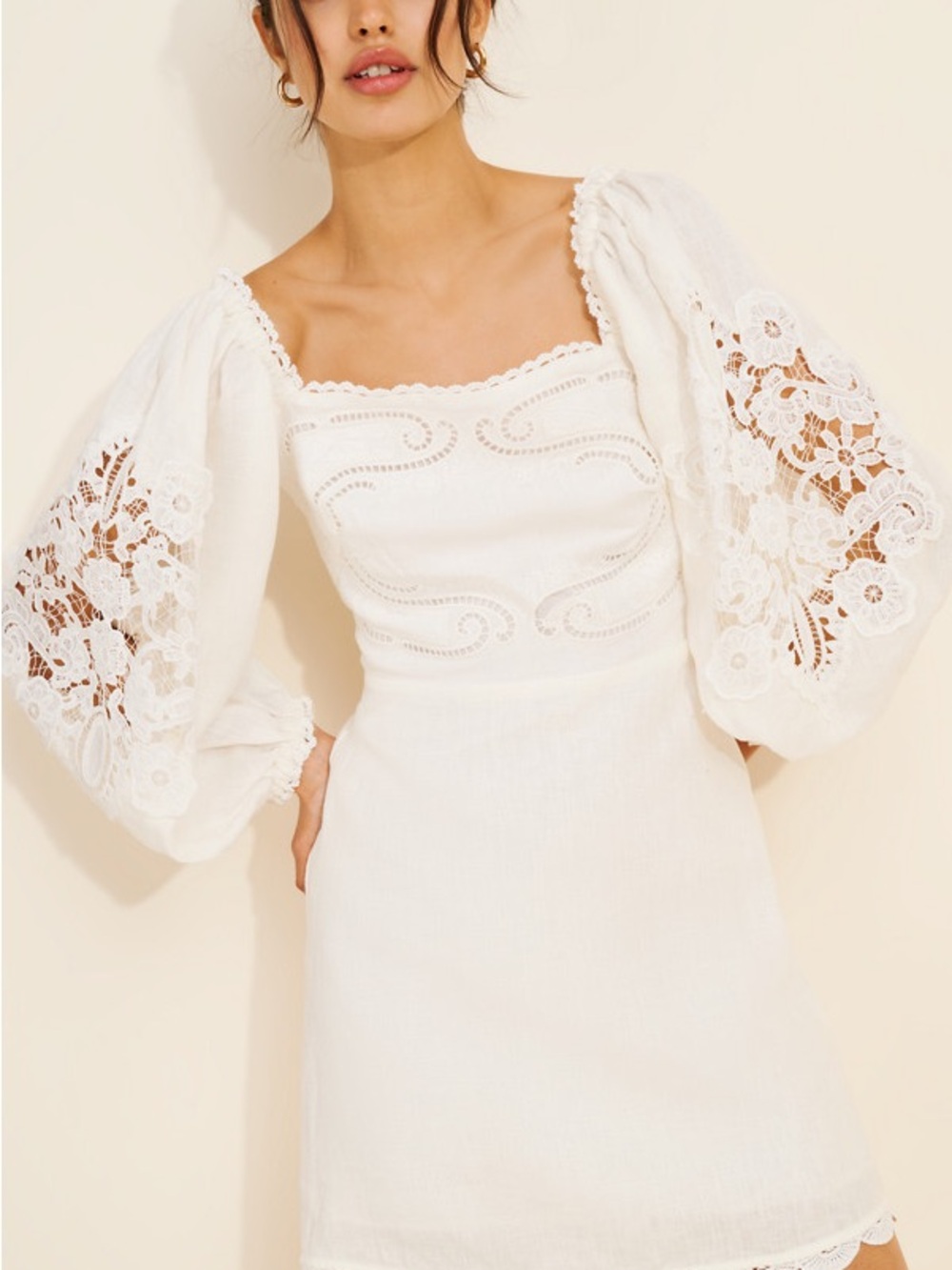 Farm Rio White Puff Long Sleeve Lace Linen Mini Dress